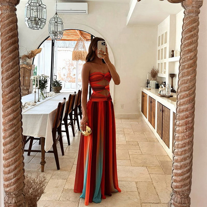Elarisse | Damska Elegancka Sukienka Maxi Ombre Bez Ramiączek na Wesele