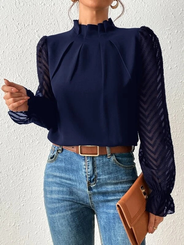 Elarina | Women's Elegant Blouse with Sheer Sleeves and Stand Collar