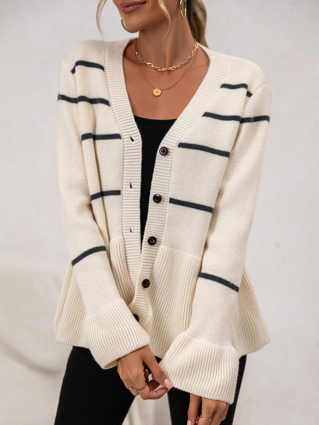 Calyra | Cardigan Donna a Righe con Bottoni Casual in Maglia