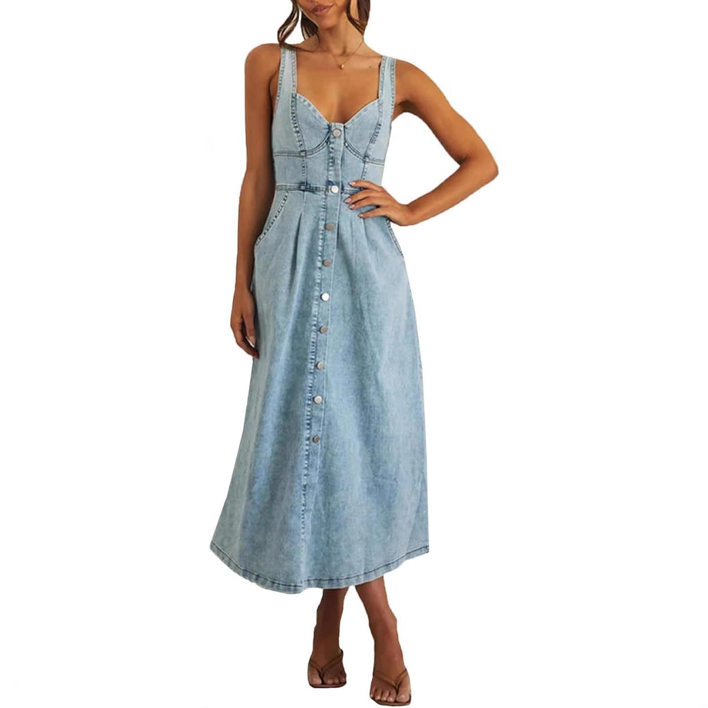 Lena | Vestito midi in jeans con spalline, bottoni e vita aderente