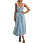 Lena | Vestito midi in jeans con spalline, bottoni e vita aderente
