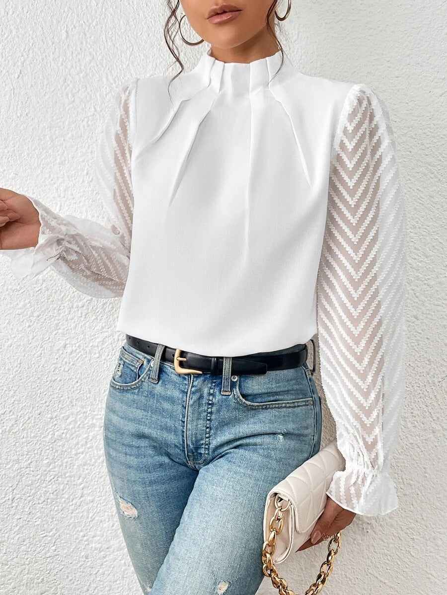 Elarina | Women's Elegant Blouse with Sheer Sleeves and Stand Collar