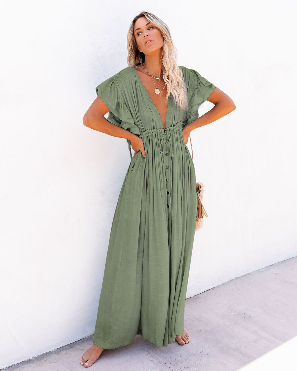Teena | Black Boho Maxi Wrap Dress with V-Neckline