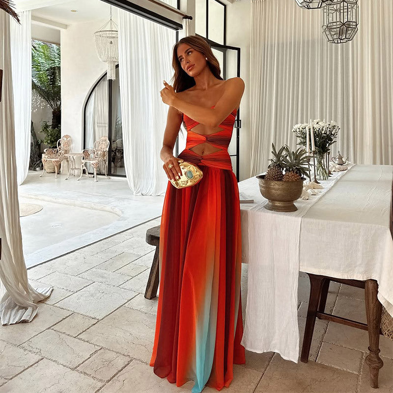 Elarisse | Damska Elegancka Sukienka Maxi Ombre Bez Ramiączek na Wesele