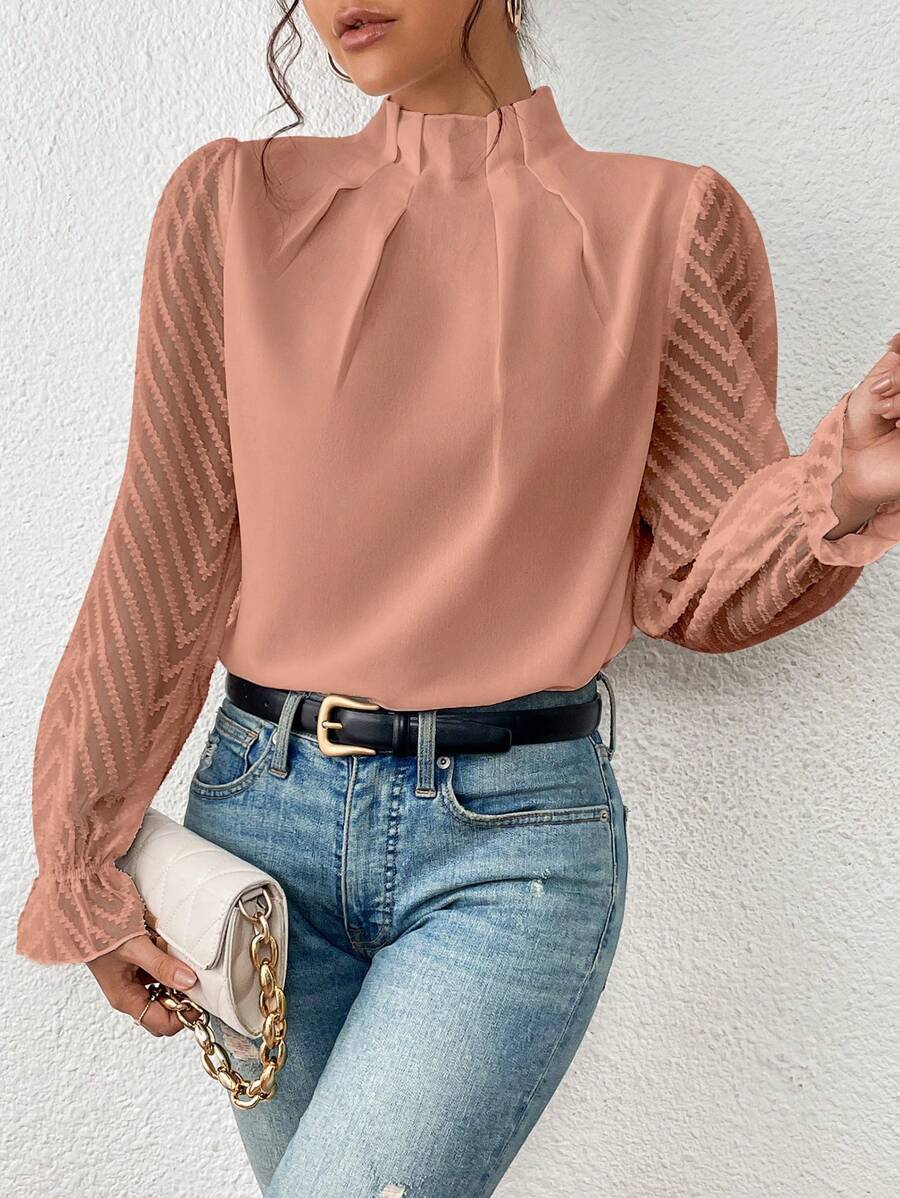 Elarina | Women's Elegant Blouse with Sheer Sleeves and Stand Collar