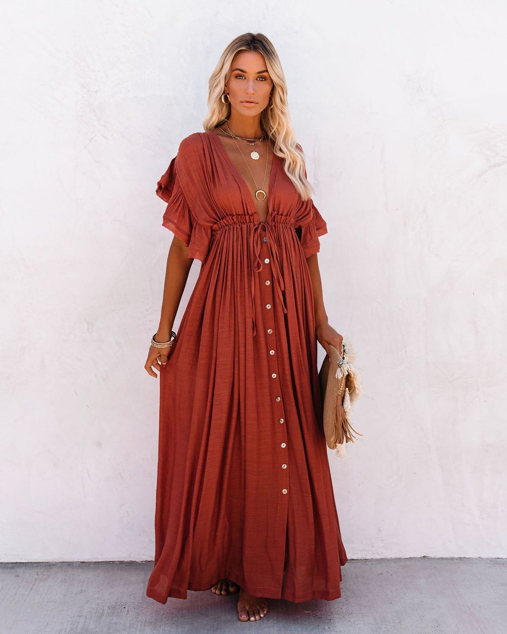 Teena | Black Boho Maxi Wrap Dress with V-Neckline