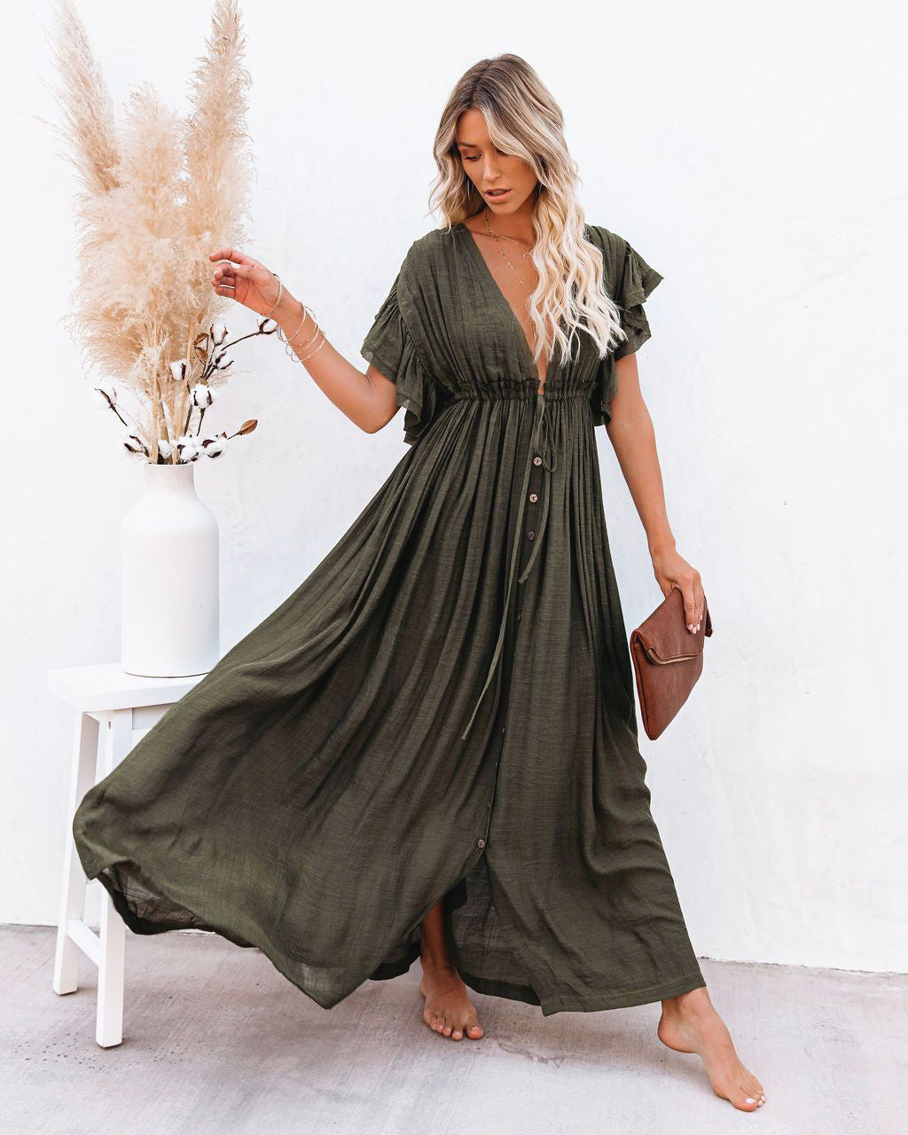 Teena | Black Boho Maxi Wrap Dress with V-Neckline