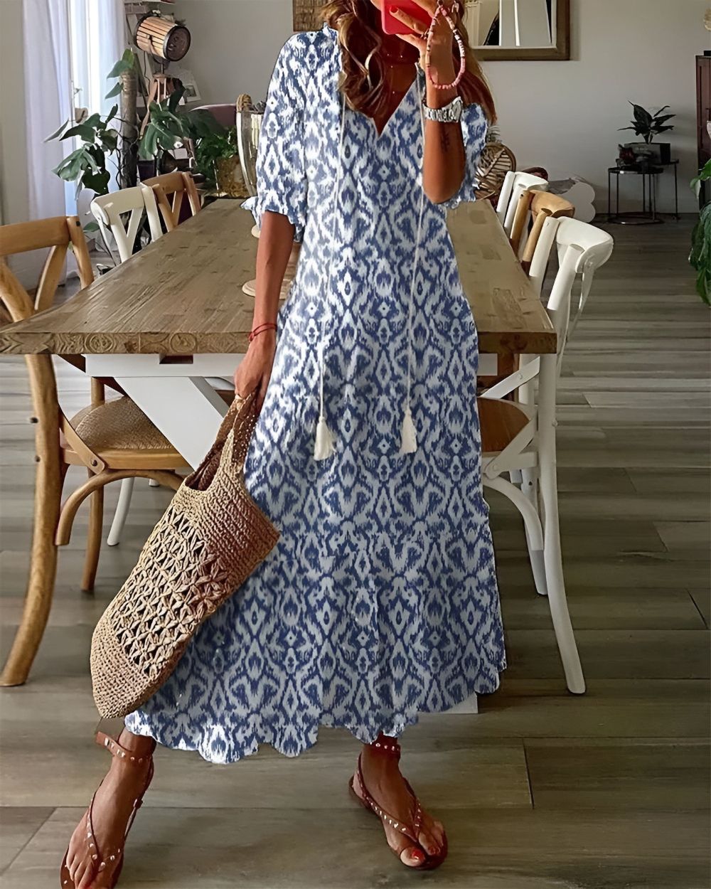 Isabella | Abito Estivo Boho Maxi da Donna con Motivo e Taglio Largo