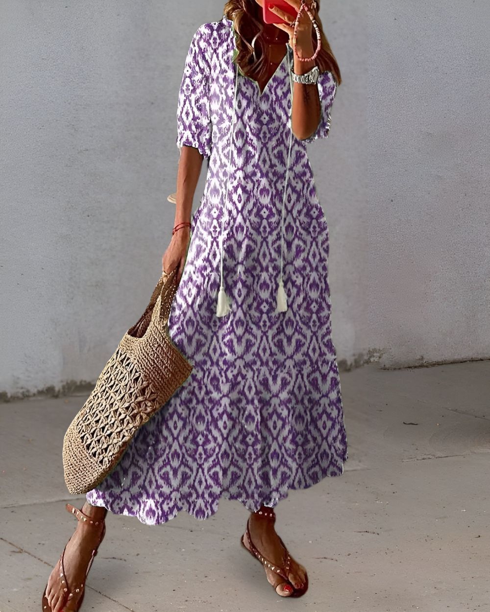 Isabella | Abito Estivo Boho Maxi da Donna con Motivo e Taglio Largo
