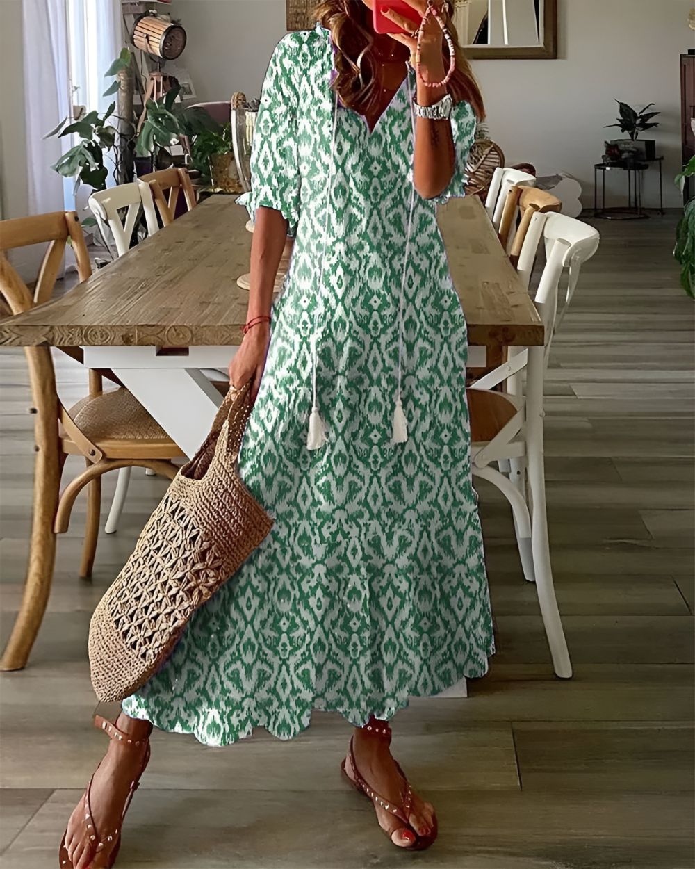Isabella | Abito Estivo Boho Maxi da Donna con Motivo e Taglio Largo