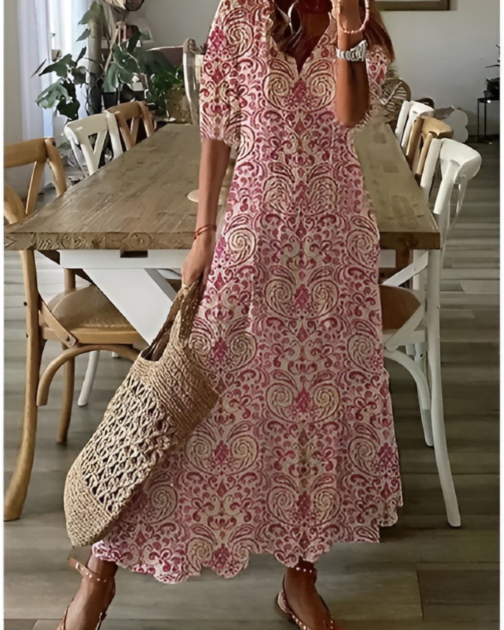 Isabella | Abito Estivo Boho Maxi da Donna con Motivo e Taglio Largo