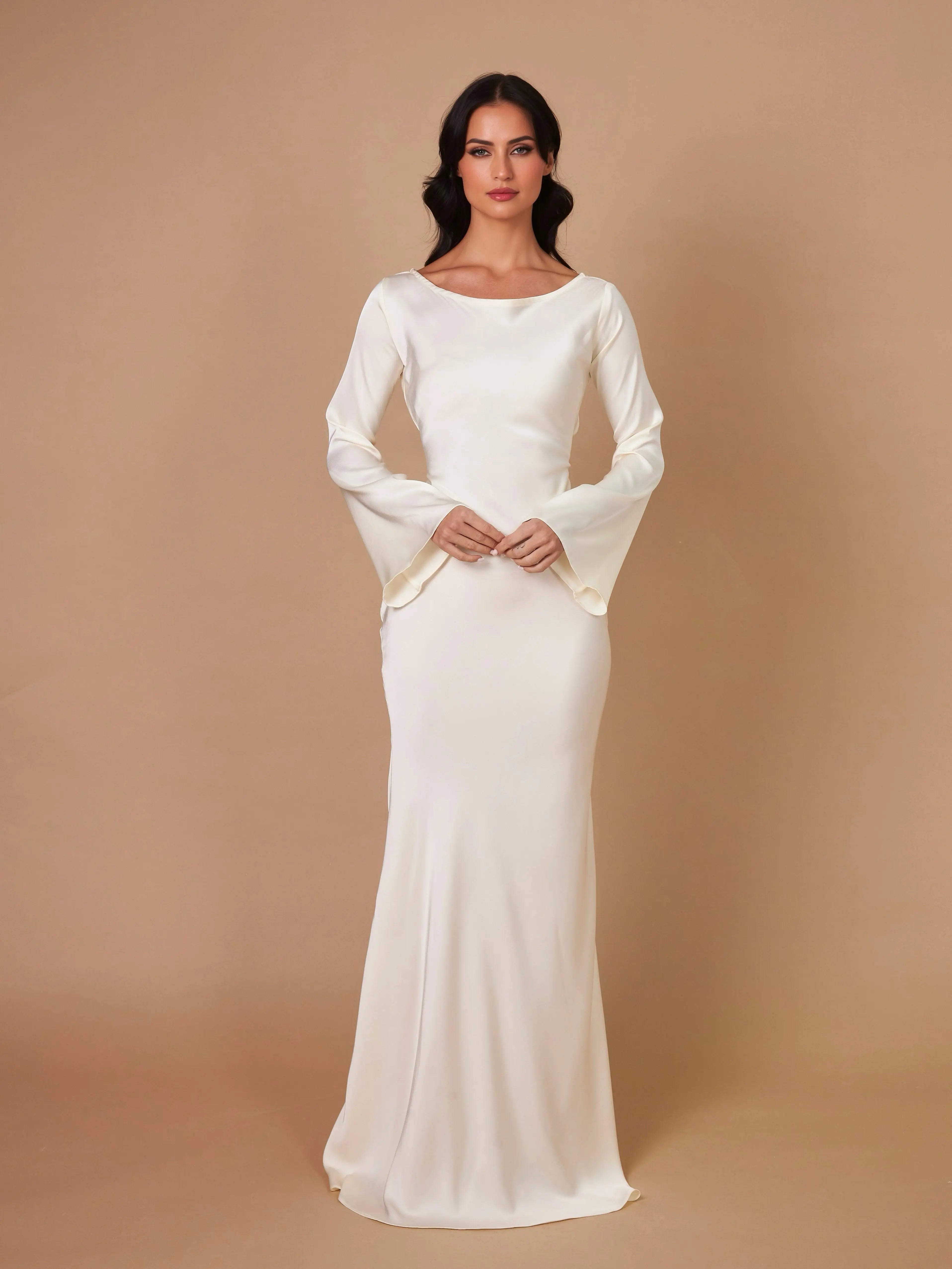 Velmora | Abito Maxi Elegante da Donna in Raso con Maniche Lunghe