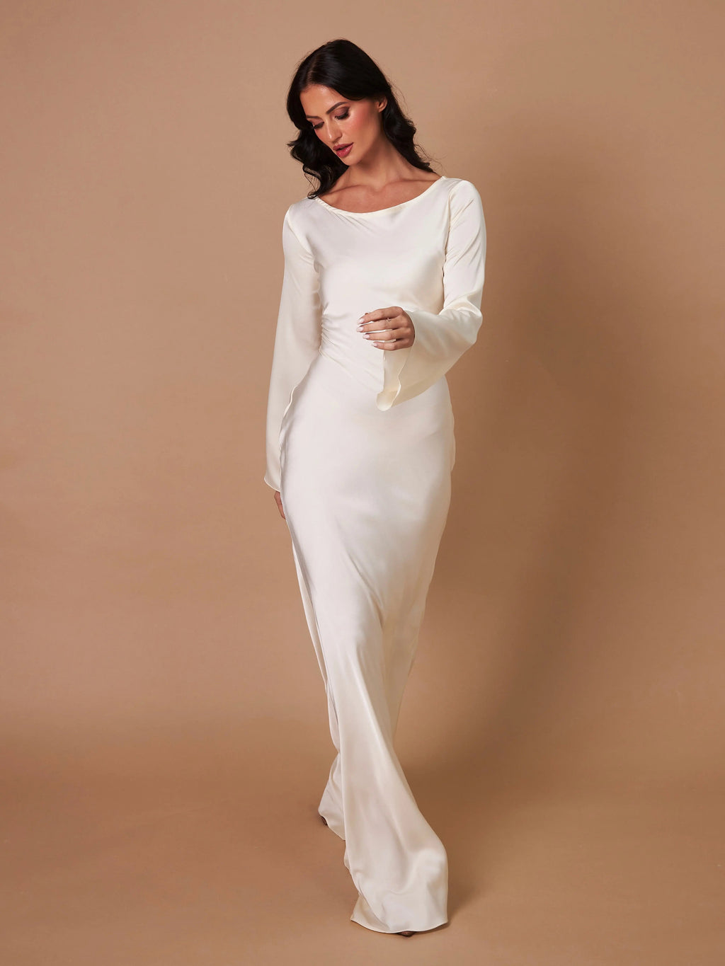 Velmora | Abito Maxi Elegante da Donna in Raso con Maniche Lunghe