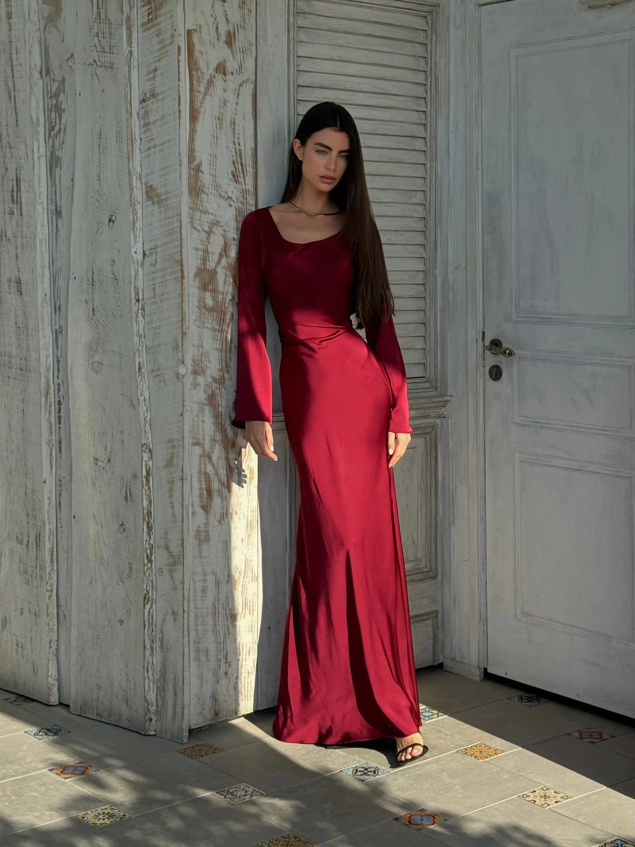 Aurelia | Abito Maxi da Donna in Raso Formale con Maniche Lunghe