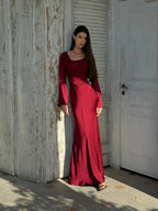 Velmora | Abito Maxi Elegante da Donna in Raso con Maniche Lunghe