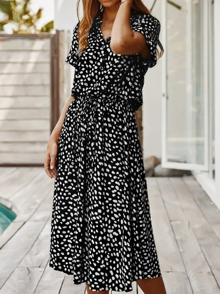 Zeraya | Women's Summer Midi Dress with Print and Waist Tie