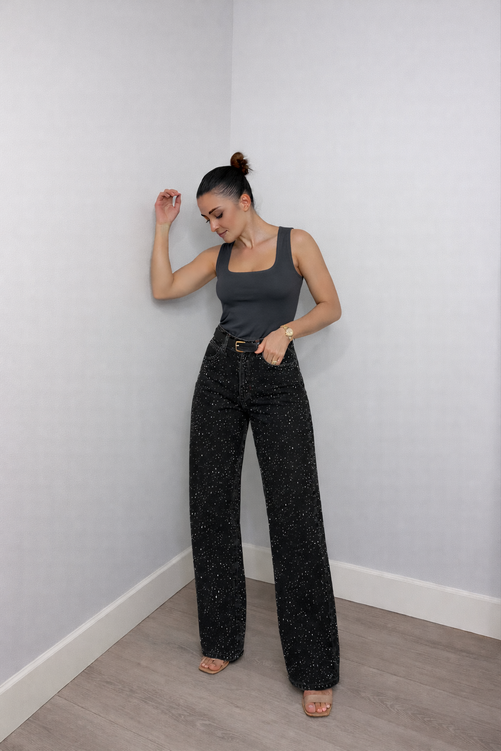 Luna | Women's High Waist Jeans with Subtle Glitter Finish