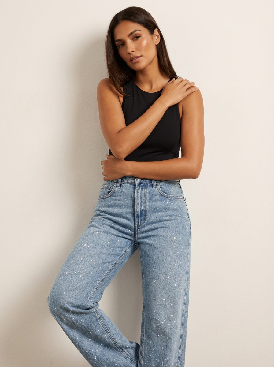 Luna | Women's High Waist Jeans with Subtle Glitter Finish