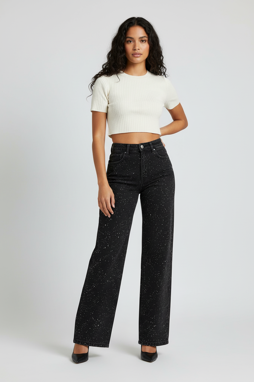 Luna | Damskie Jeansy High Waist z Subtelnym Brokatowym Wykończeniem