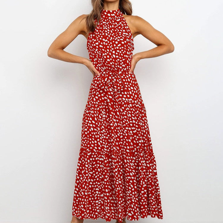 Orlena | Damska Letnia Sukienka Halter w Grochy Midi