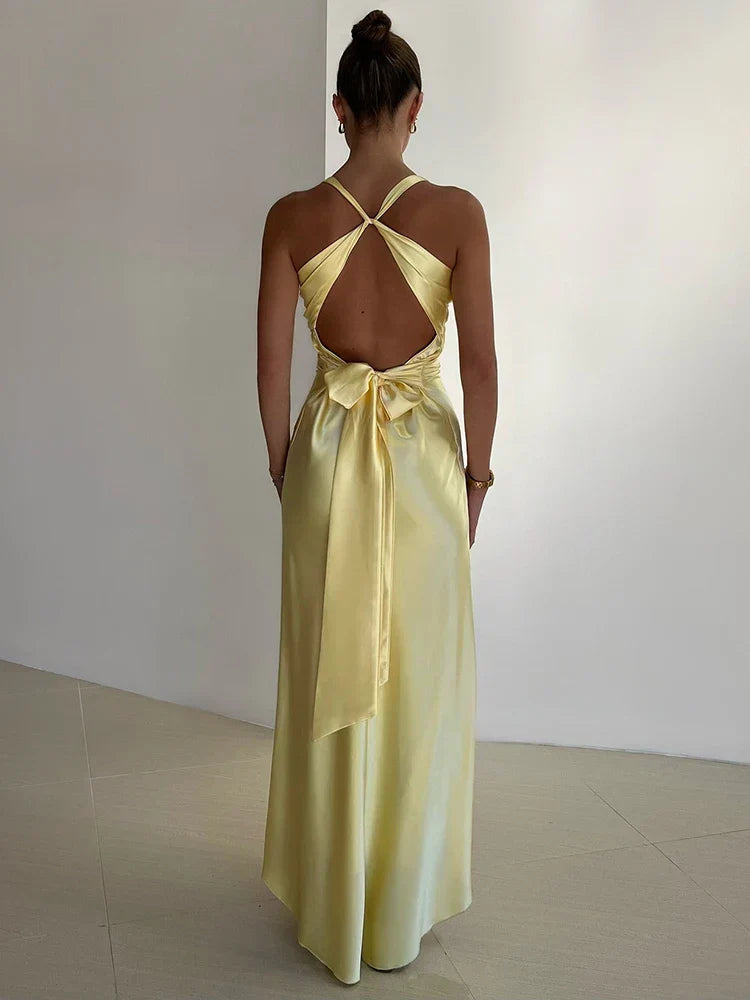 Veloura | Abito da sera elegante da donna lungo maxi in satin con collo halter