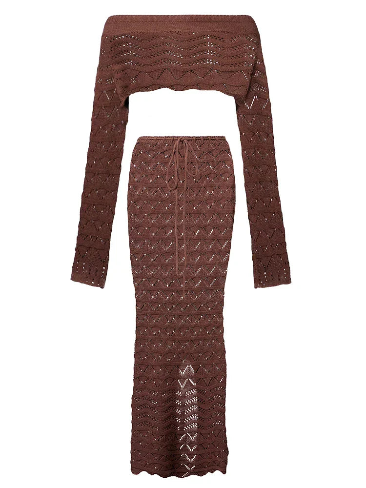 Aleia | Completo Donna alla Moda Crochet con Gonna Lunga e Top Corto
