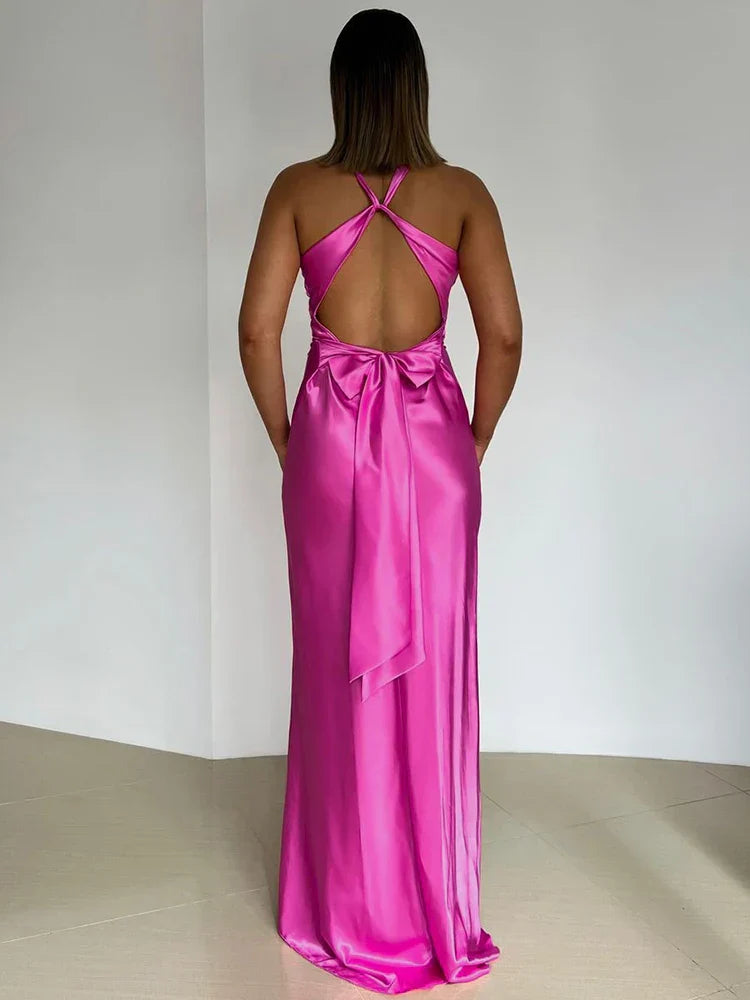Veloura | Abito da sera elegante da donna lungo maxi in satin con collo halter
