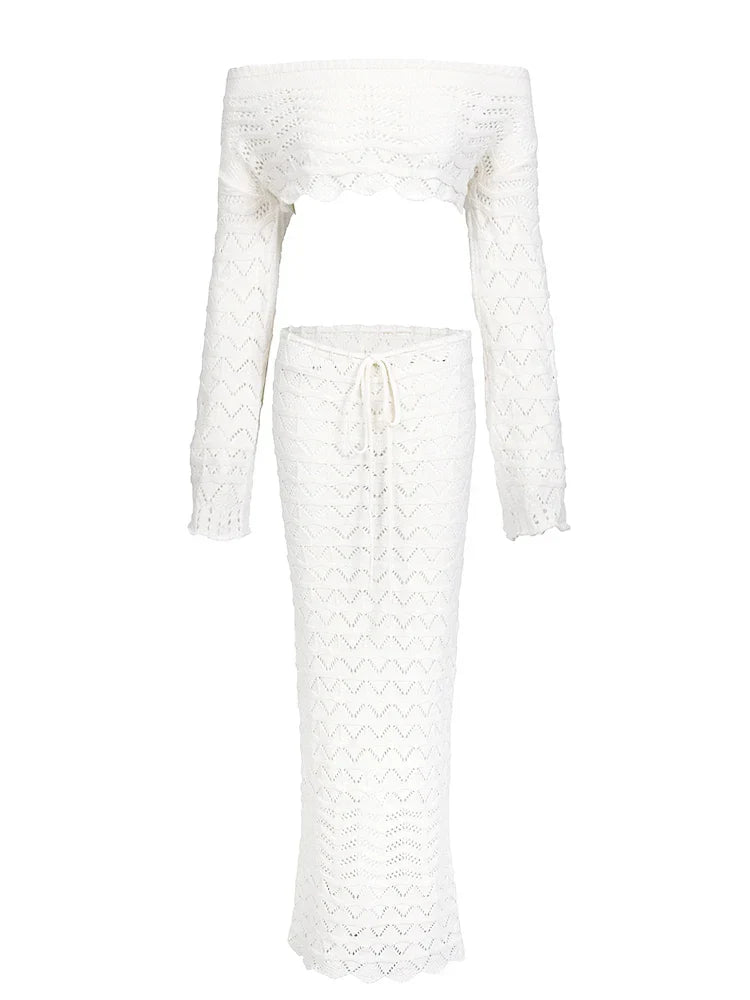 Aleia | Completo Donna alla Moda Crochet con Gonna Lunga e Top Corto
