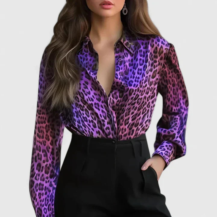 Velmira | Women's Casual Satin Blouse with Leopard Print