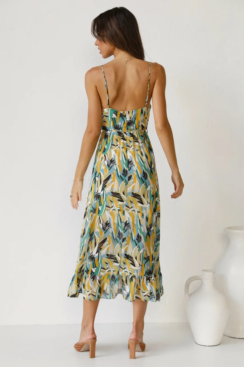 Aria | Abito midi da donna con spalline, motivo colorato e cintura in vita
