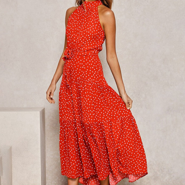 Orlena | Damska Letnia Sukienka Halter w Grochy Midi