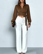Olivette | Crop Top Incrociato a Righe da Donna con Maniche Lunghe