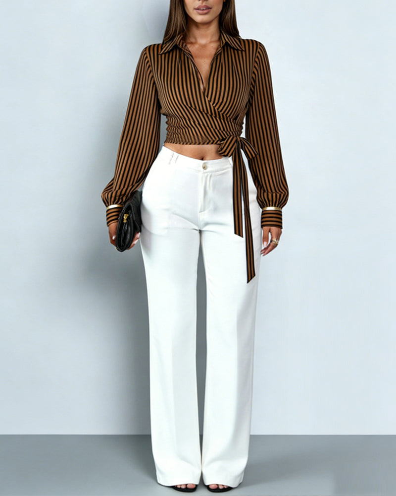 Olivette | Crop Top Incrociato a Righe da Donna con Maniche Lunghe