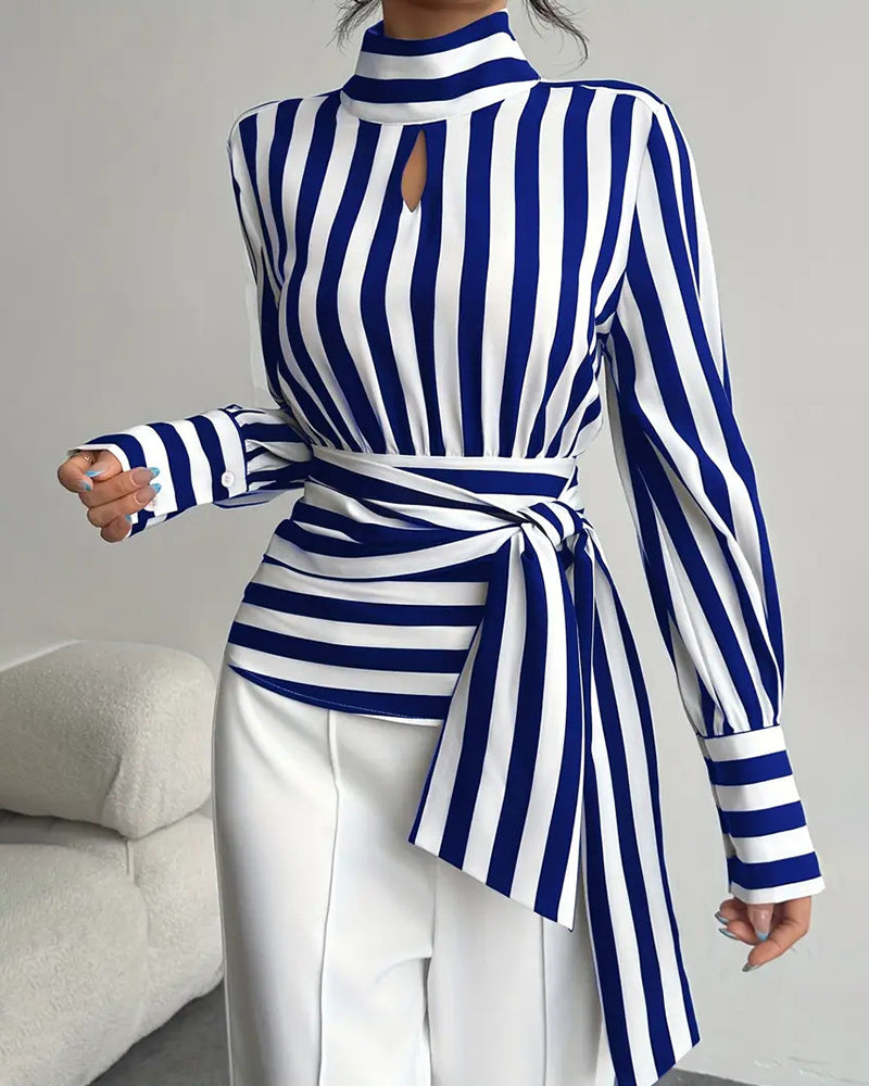 Gemma | Women's Striped Blouse with Mock Neck and Waist Tie