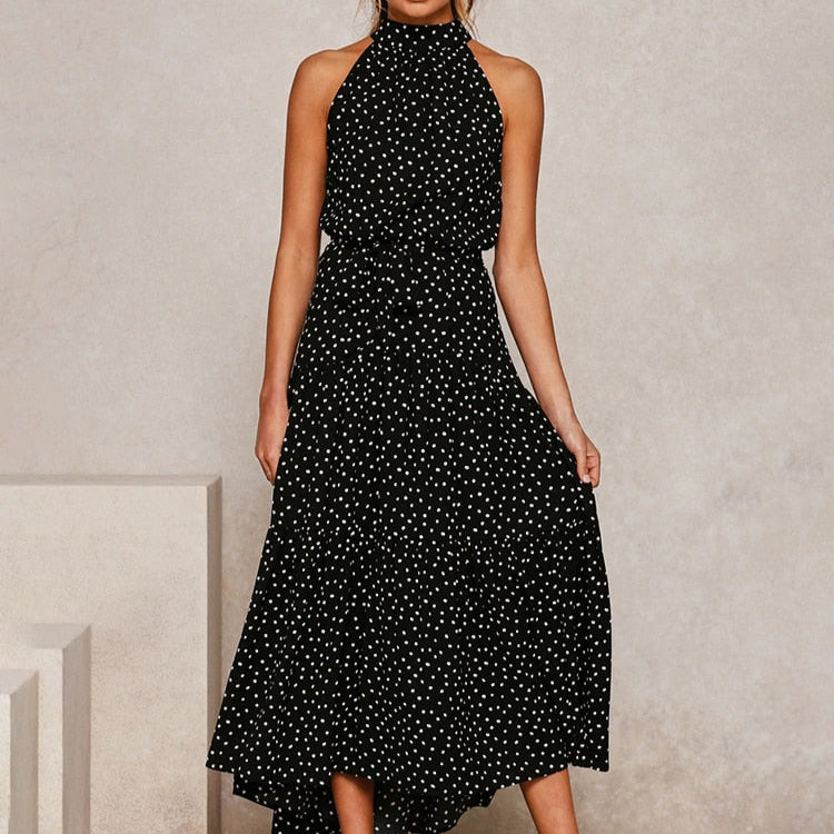 Orlena | Damska Letnia Sukienka Halter w Grochy Midi