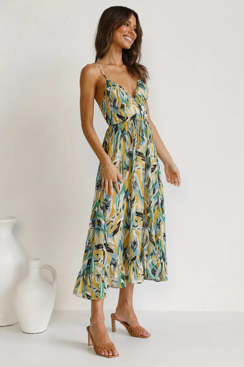 Aria | Abito midi da donna con spalline, motivo colorato e cintura in vita