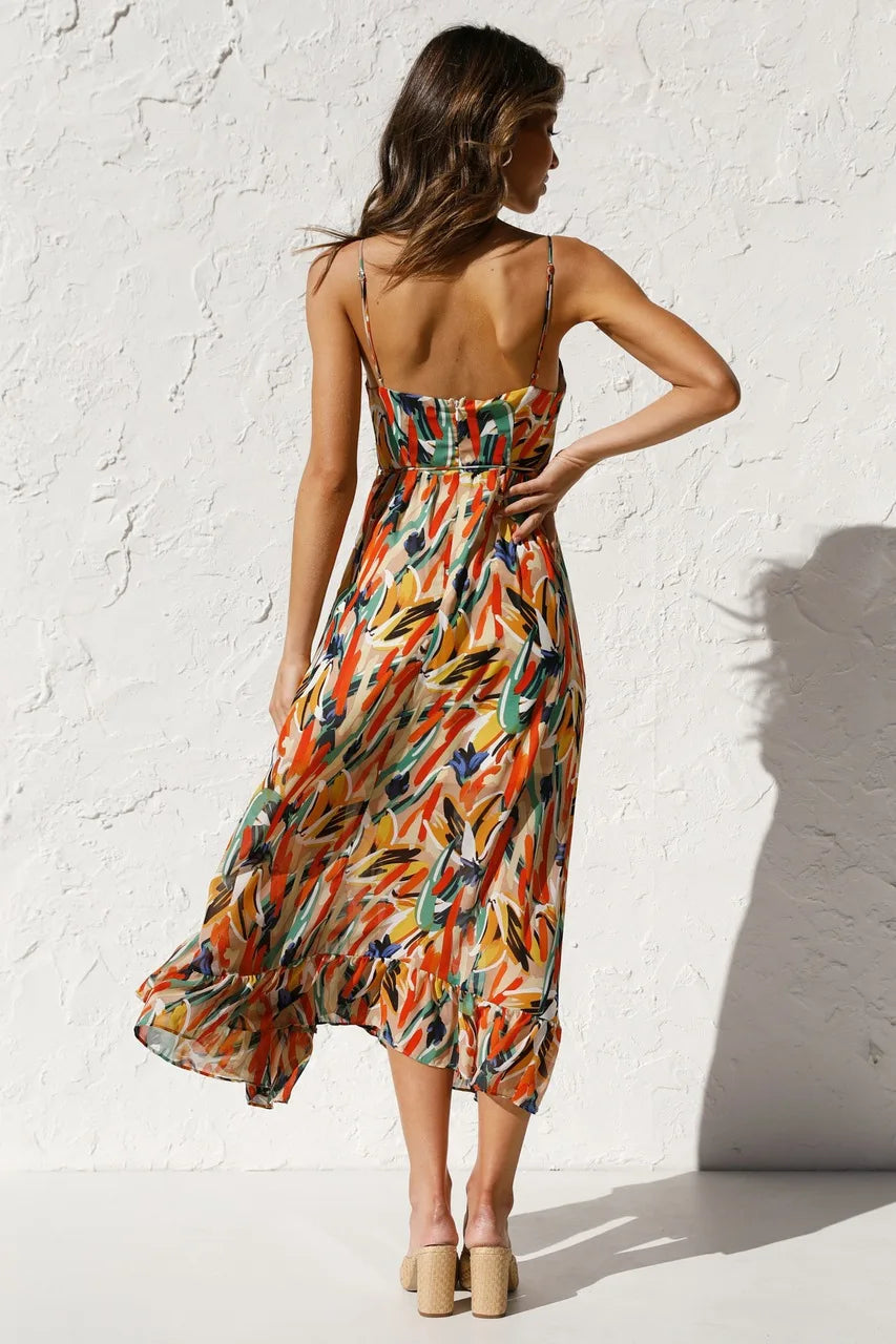 Aria | Abito midi da donna con spalline, motivo colorato e cintura in vita