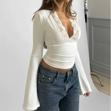 Tania | Top da Donna con Scollo in Pizzo e Maniche Lunghe a V