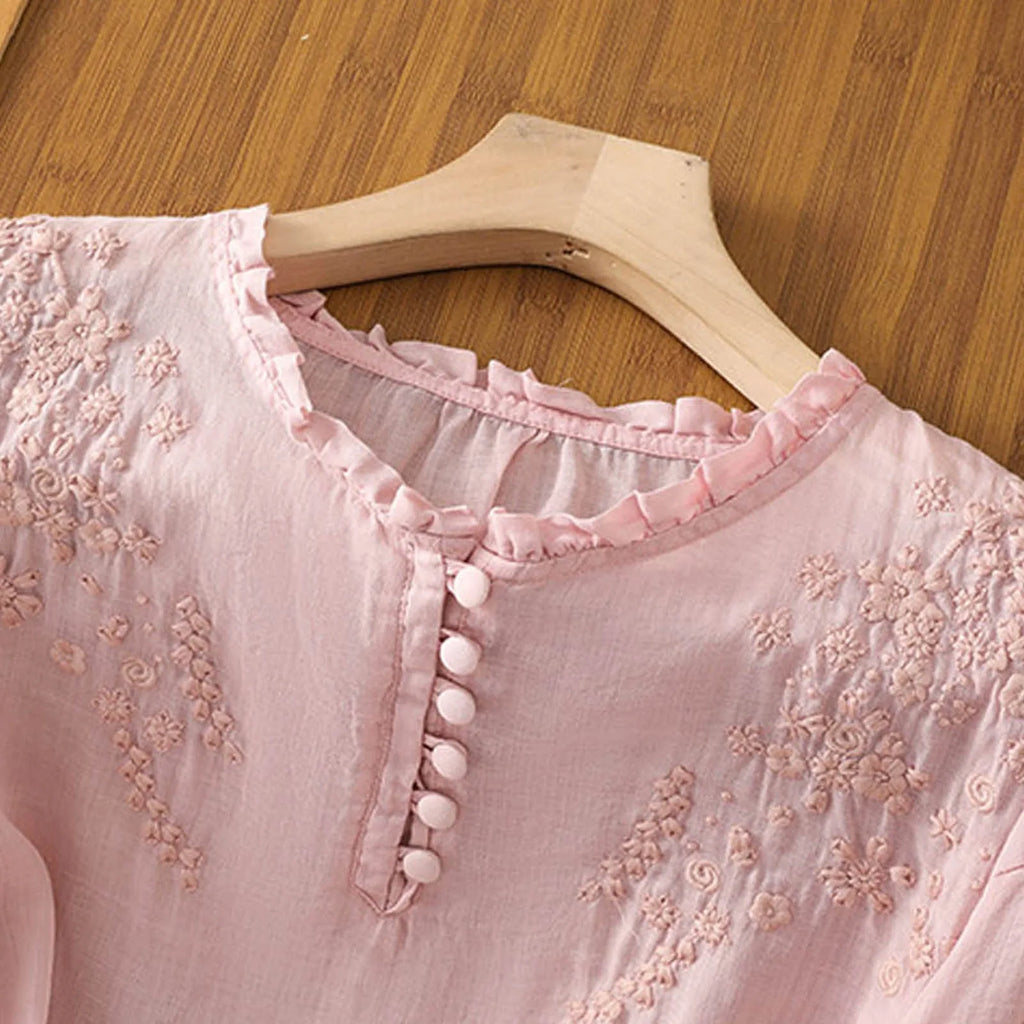 Averelle | Blusa estiva da donna con ricamo, ampia con scollo a V