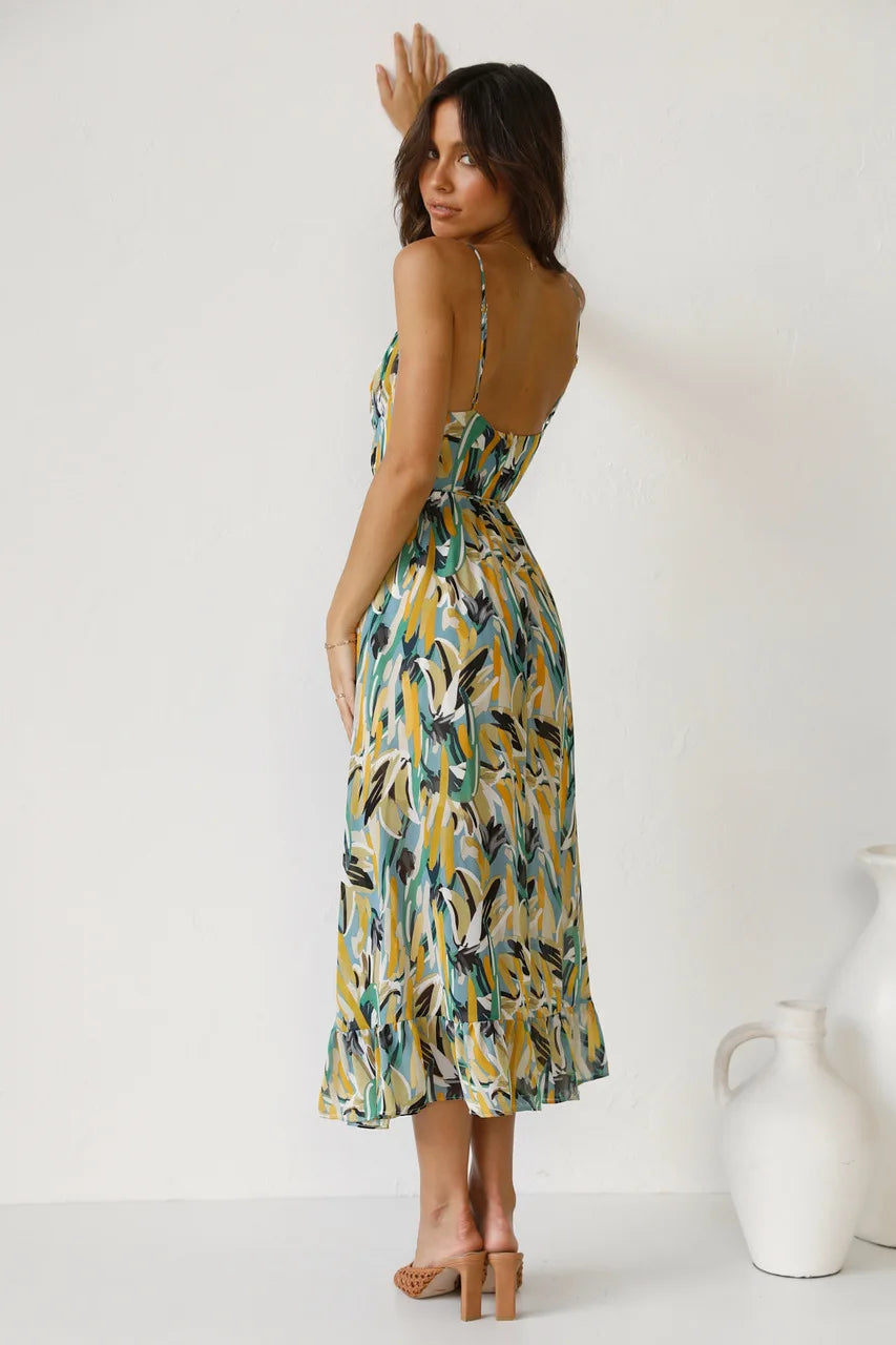 Aria | Abito midi da donna con spalline, motivo colorato e cintura in vita