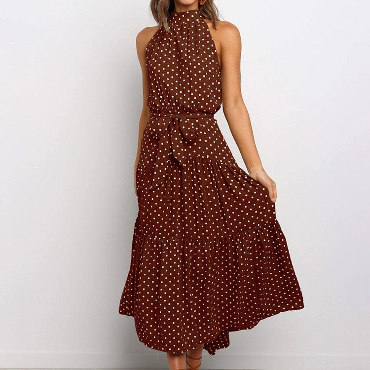 Orlena | Damska Letnia Sukienka Halter w Grochy Midi