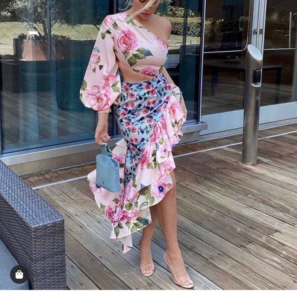 Rosamira | Abito Midi Donna Monospalla con Stampa Floreale e Volant