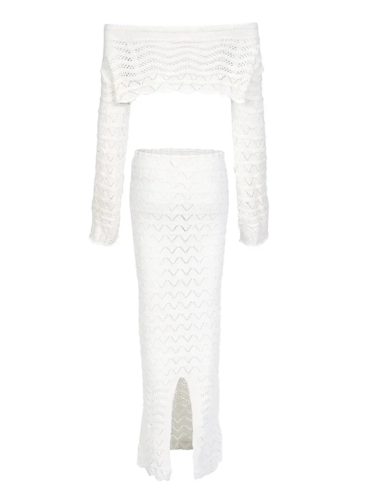 Aleia | Completo Donna alla Moda Crochet con Gonna Lunga e Top Corto