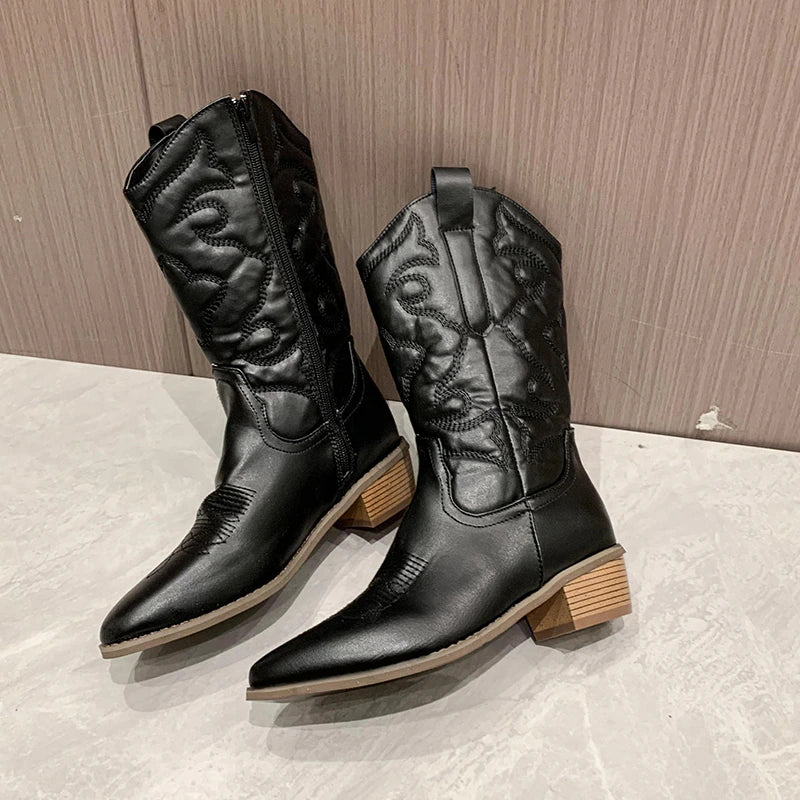 Robi | Damskie Kowbojki Czarne Western do Połowy Łydki Casual