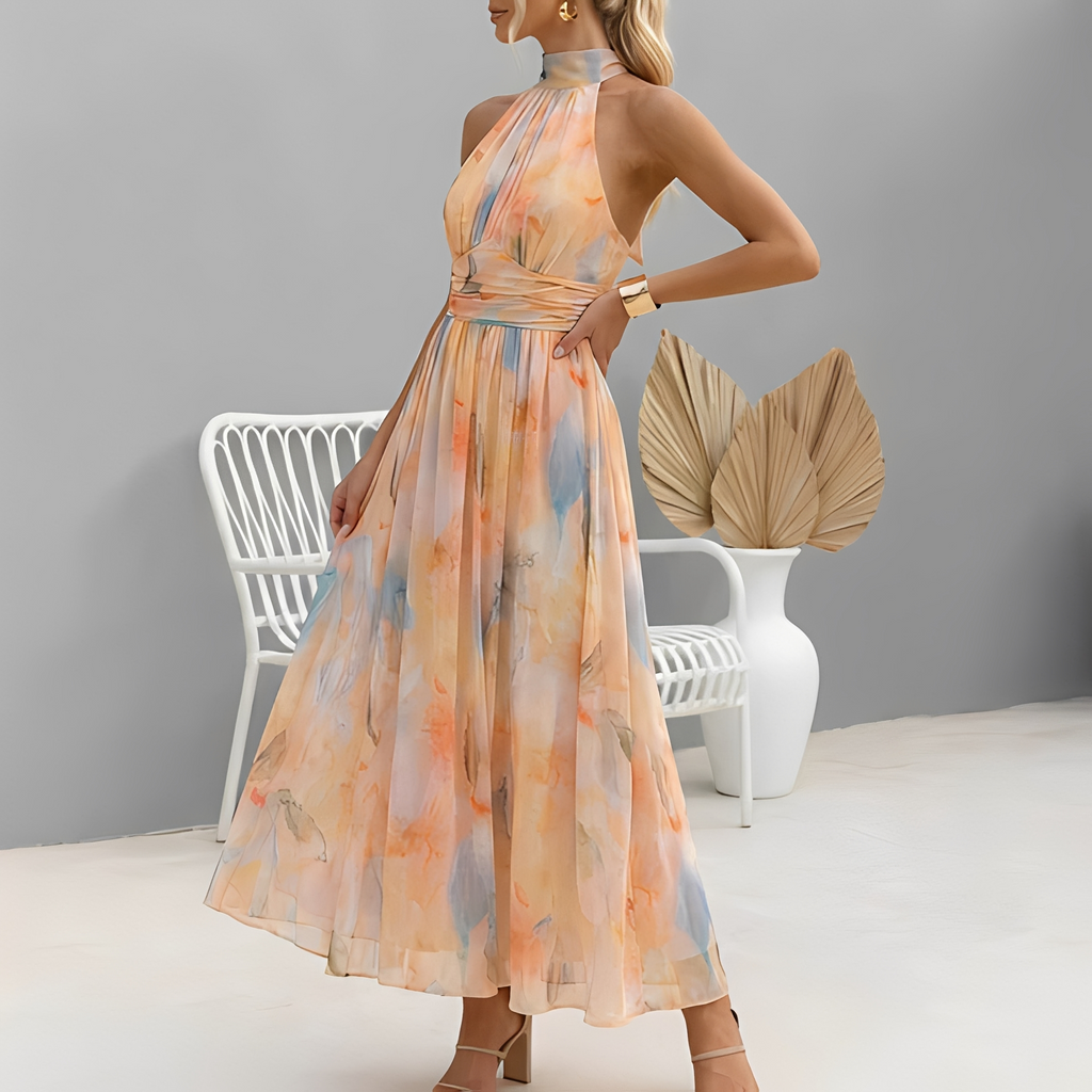 Zena | Abito Maxi con Scollo Halter e Delicato Motivo Floreale