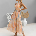 Zena | Abito Maxi con Scollo Halter e Delicato Motivo Floreale