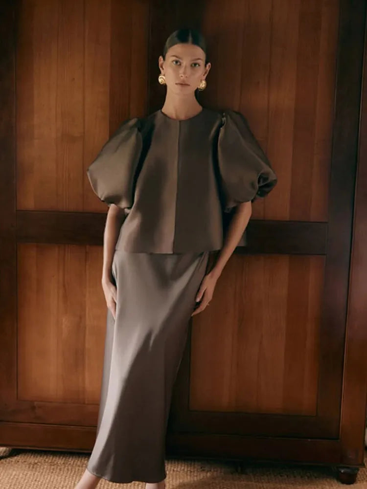 Zarevia | Women's Elegant Satin Blouse with Puffy Sleeves