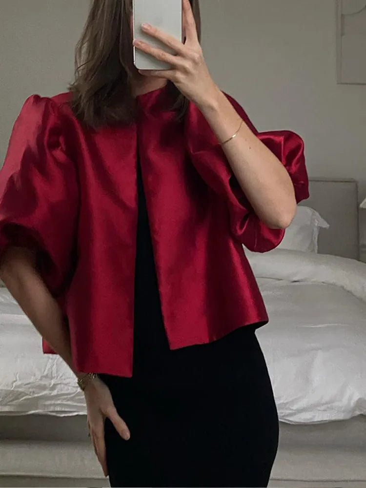 Zarevia | Blusa elegante da donna in raso con maniche a sbuffo