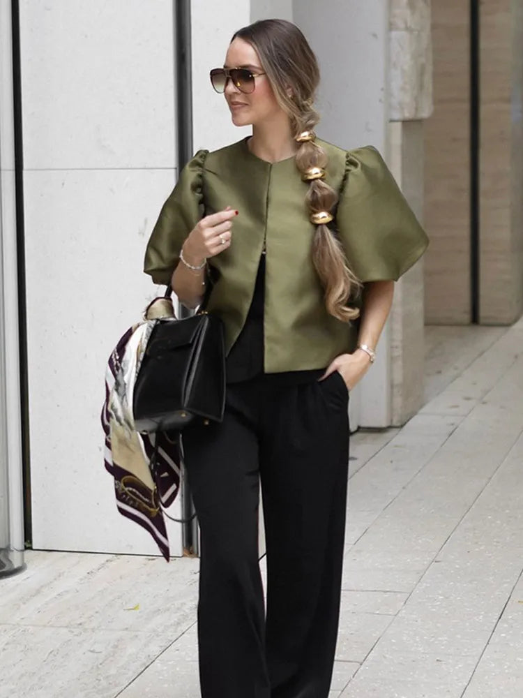 Zarevia | Women's Elegant Satin Blouse with Puffy Sleeves
