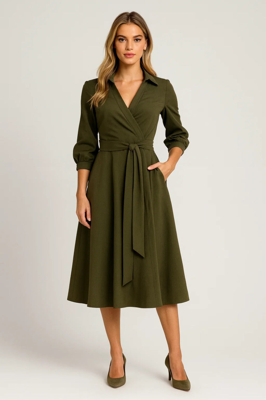 Natalia | Abito Midi Elegante da Donna a Portafoglio con Cintura